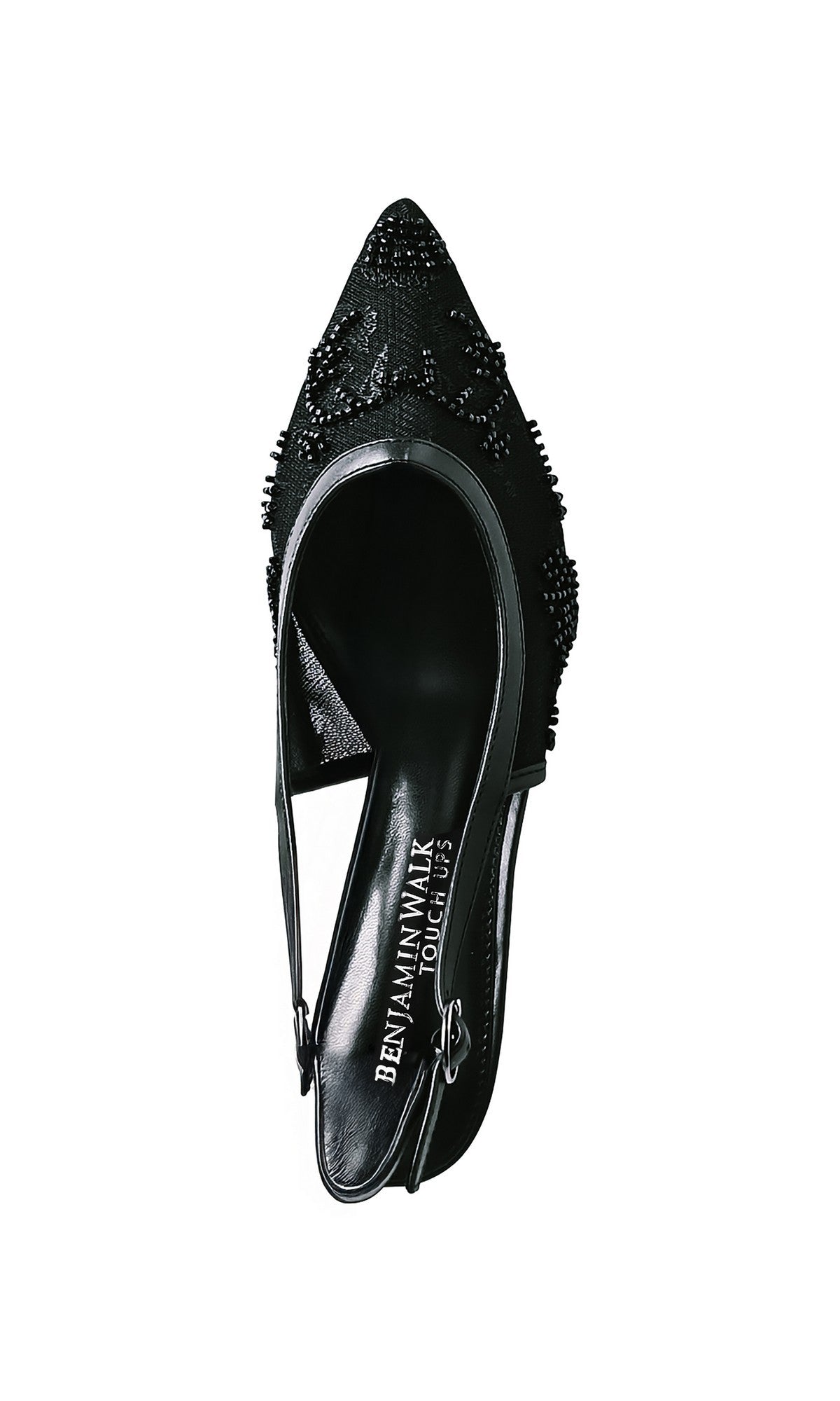 The Tori Black Prom Shoes: Touch Ups 4753 feature a black pointed-toe slingback kitten heel with beaded embellishments, viewed from above. The insole is labeled 