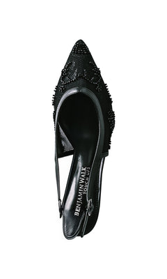 The Tori Black Prom Shoes: Touch Ups 4753 feature a black pointed-toe slingback kitten heel with beaded embellishments, viewed from above. The insole is labeled "BENJAMIN WALK TOUCH UPS," ideal for elegant prom occasions.