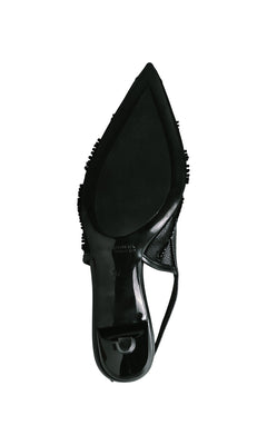 The Tori Black Prom Shoes: Touch Ups 4753 feature a pointed toe, textured outer edges, and a stylish slingback strap with kitten heels—ideal for adding elegance to your prom look.