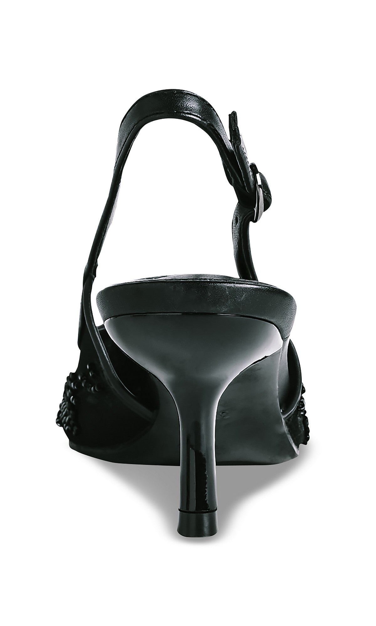 The Tori Black Prom Shoes: Touch Ups 4753 are shown from the back, featuring a thin ankle strap with buckle and a slim, tapered heel—perfect for proms or any elegant event.