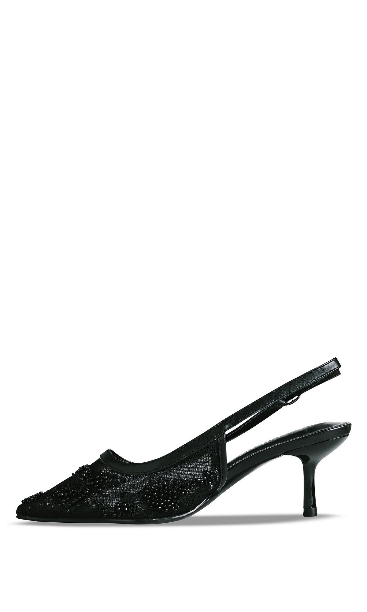 The Tori Black Prom Shoes by Touch Ups 4753 feature a pointed toe, low stiletto heel, and elegant beaded embroidery—perfect slingback kitten heels for prom or any special occasion.
