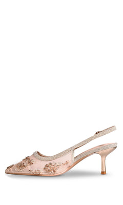 The Tori Champagne Prom Shoes (Touch Ups 4755) feature blush pink mesh, a slingback kitten heel, champagne beaded floral accents, and a pointed toe, shown against a white background.