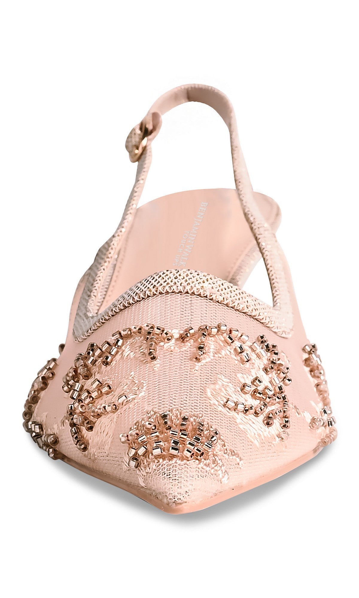 A front view of the Tori Champagne Prom Shoes: Touch Ups 4755, featuring pointed-toe slingback design with intricate beaded embroidery and sequin embellishments on a mesh upper—chic kitten heels ideal for prom.