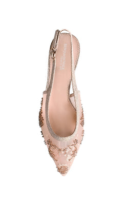 The Tori Champagne Prom Shoes (Touch Ups 4755) feature blush pink kitten heels, a slingback design, mesh, and champagne beaded floral embroidery, shown from an above view.