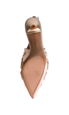 Bottom view of the Tori Champagne Prom Shoes: Touch Ups 4755, featuring a pointed toe, textured sole, and beaded embroidery embellishments along the edges.