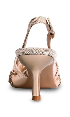 Rear view of the Tori Champagne Prom Shoes by Touch Ups 4755, featuring a textured metallic finish, open heel, ankle strap, and slim stiletto heel.