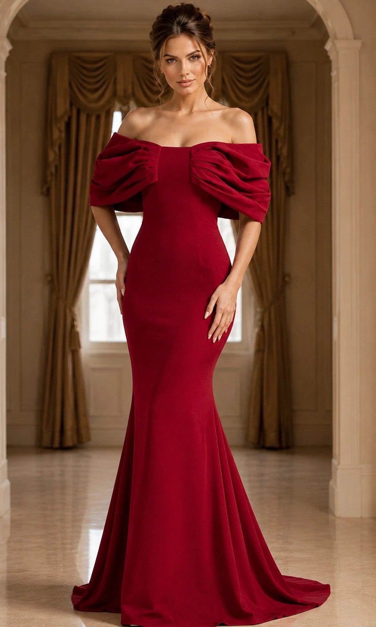 A woman wearing a stunning Jovani 47657 long formal burgundy dress with off-the-shoulder draped sleeves stands indoors in front of tall windows framed by gold curtains.
