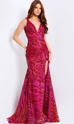 A woman models the Jovani 47682 Low-Back Long Sequin Prom Dress in Fuchsia/Multi, featuring a sleeveless deep V-neck, floor-length silhouette, magenta sequin patterns, and a thigh-high slit against a plain backdrop.