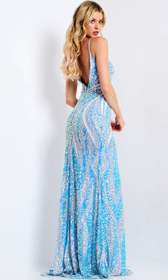 A woman stands against a plain white background, wearing the Jovani 47710 Long Prom Dress—a sleeveless, floor-length gown in light blue sequins with a deep V-back—looking over her shoulder.