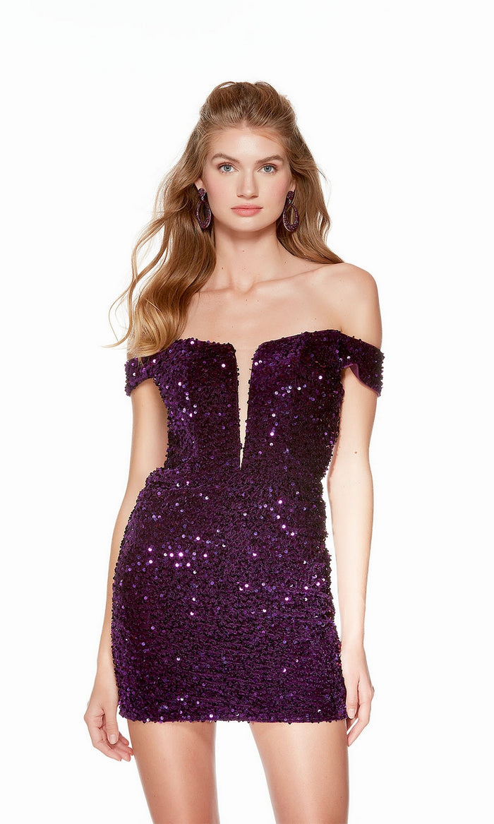 Off-Shoulder Velvet Sequin Homecoming Dress 4775