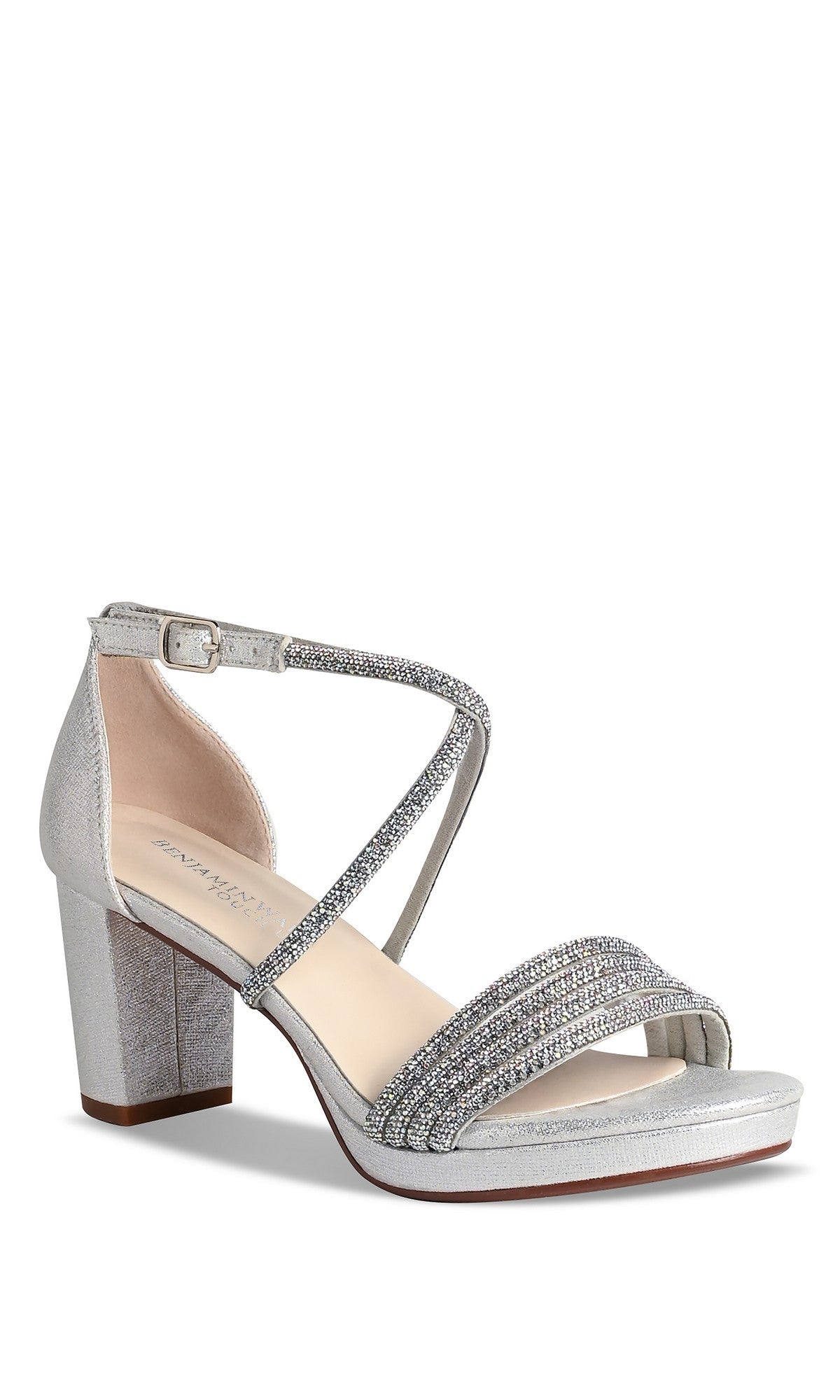 The Tabbie Silver Prom Shoes: Touch Ups 4778 are silver block-heeled sandals with crystal-embellished crisscross ankle and toe straps and an open toe—ideal as platform prom shoes.