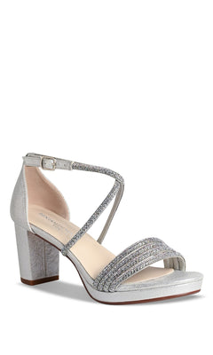 The Tabbie Silver Prom Shoes: Touch Ups 4778 are silver block-heeled sandals with crystal-embellished crisscross ankle and toe straps and an open toe—ideal as platform prom shoes.