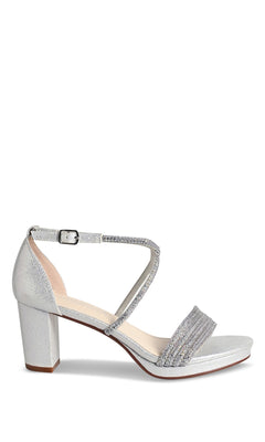 The Tabbie Silver Prom Shoes (Touch Ups 4778) are silver block-heeled sandals with an ankle strap, glittery crystal-embellished front straps, an open toe, and a low, sturdy heel.