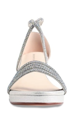 Front view of the Tabbie Silver Prom Shoes: Touch Ups 4778, featuring crystal embellished open-toe straps, a low block heel, and a platform sole—ideal for a glamorous prom look.