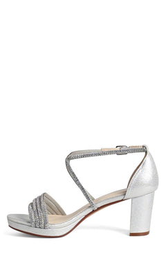 The Tabbie Silver Prom Shoes by Touch Ups (style 4778) feature a mid-height block heel, open toe, ankle strap, and crystal-embellished front straps for stylish sparkle.