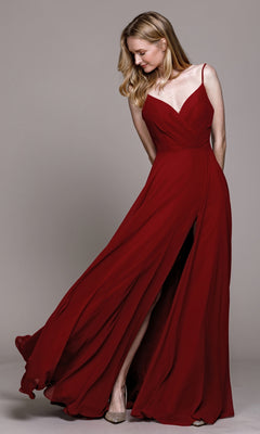 A woman models the Simple V-Neck Long A-Line Prom Dress 477, a sleeveless red gown with a deep V-neck and thigh-high slit—an elegant, affordable choice for formal occasions.