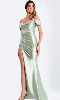 A woman wears the Jovani 47863 long prom dress in light green, featuring off-the-shoulder ruched satin and a high side slit, posing against a plain background.