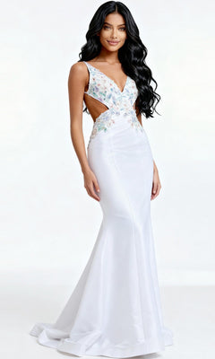 A woman wears the Jovani 48176 long prom dress in off white/multi, featuring a floor-length, sleeveless design with floral embroidery on the bodice and side cutouts, standing against a plain white background.