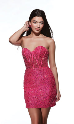 A woman models the Alyce Strapless Sequin Mini Homecoming Dress 4825—a form-fitting, bright pink mini with sequin embellishments—while standing against a plain white background.
