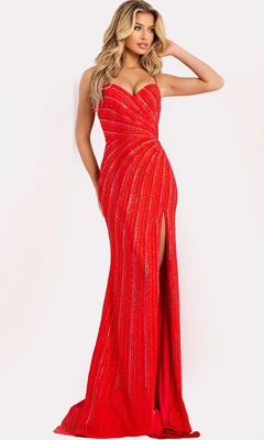A woman poses in the Jovani 48328 Long Prom Dress—a fitted, strapless red gown featuring shimmering vertical lines and a high leg slit—against a plain background.