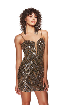 A person stands against a white background in the Alyce Plunging V-Neck Short Beaded Hoco Dress 4840, featuring gold and black sequins, geometric patterns, and a deep neckline.