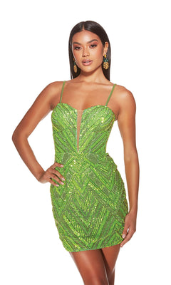 Woman wearing the Alyce Plunging V-Neck Short Beaded Hoco Dress 4840, a fitted, sleeveless green mini dress with geometric sequins and thin straps, confidently standing with one hand on her hip.