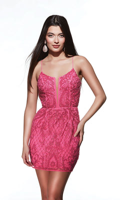 A woman poses against a white background in the Alyce Open-Back Short Beaded Hoco Dress 4842—a vibrant pink, sleeveless party dress featuring a lace pattern, open back, and spaghetti straps.