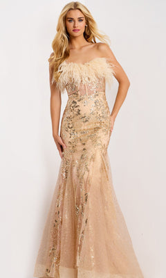 A woman wears the Jovani 48465 long prom dress, featuring gold sequins, a fitted silhouette, feather detailing at the neckline, and a floor-length design.