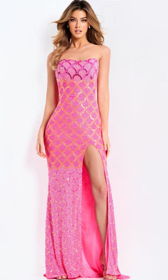 A woman models the Jovani 48620 long prom dress—strapless, pink, with gold scallop patterns, geometric beading, and a high-leg slit—against a plain white background.