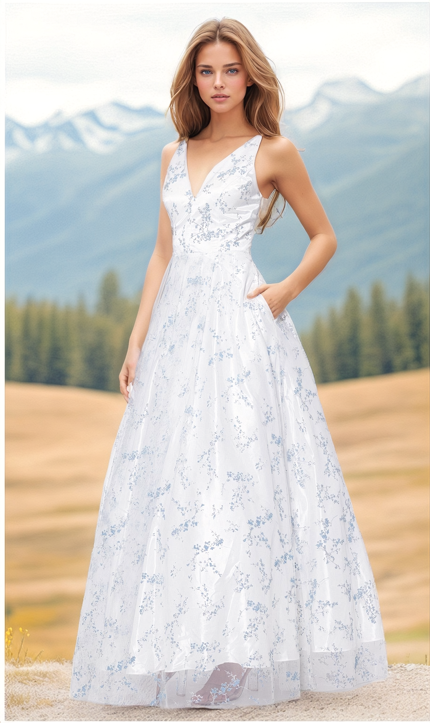 Floral-Print Corset-Back Long Formal Dress 4866BN