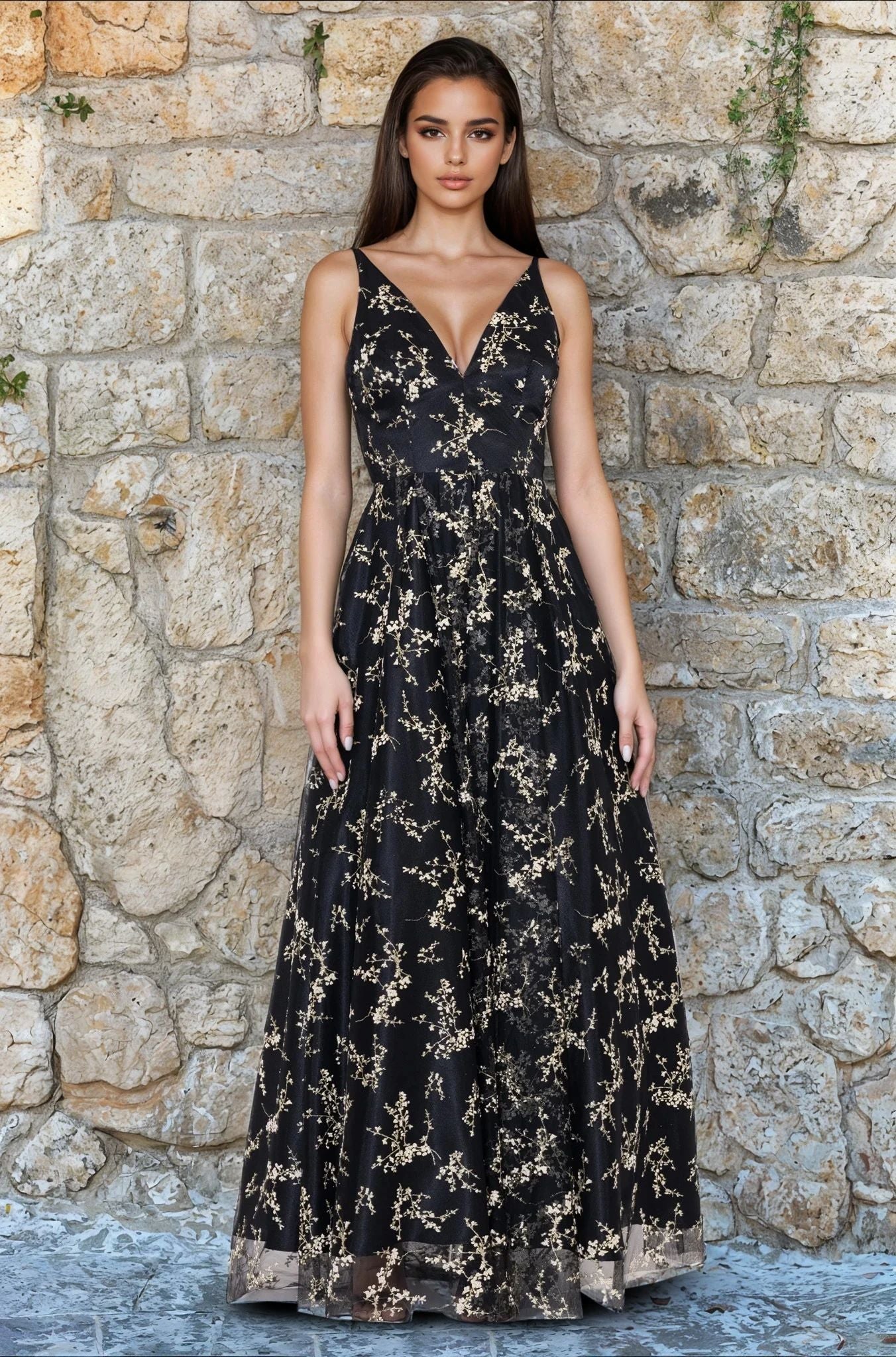 Floral-Print Long Prom Dress: Blondie Nites 4866BN Black/Gold / 0 Floral-Print Long Prom Dress: Blondie Nites 4866BN Black/Gold / 0