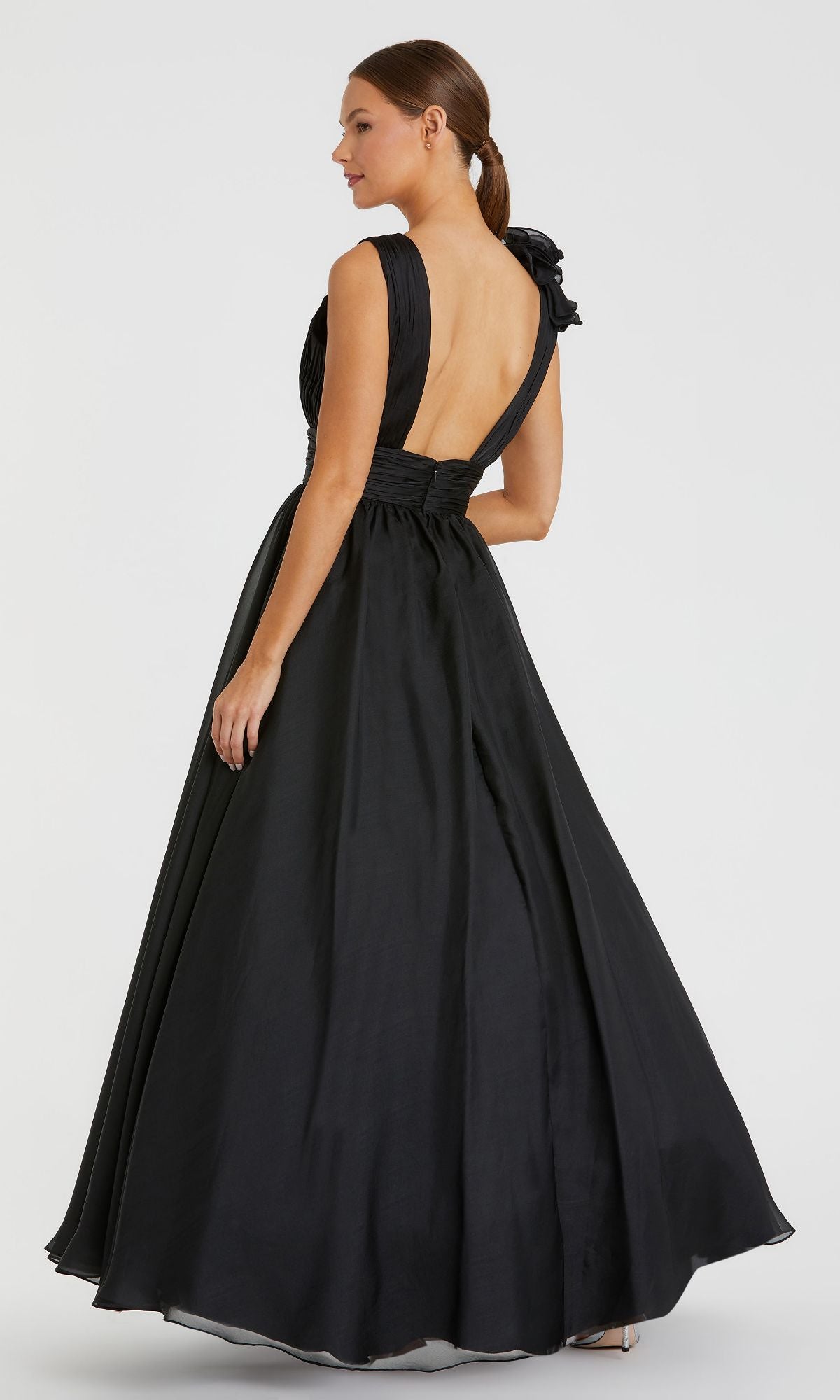 Teal Ruffle Shoulder V-Neck Chiffon Gown