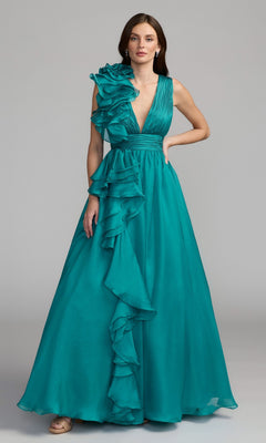 A woman models the Mac Duggal 48856 Ruffled Long Prom Ball Gown, a sleeveless teal evening dress featuring ruffled detailing on one shoulder and down the front, posed against a plain background.