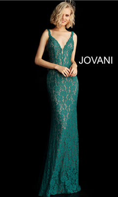 A woman poses against a black background with "JOVANI" on the right, wearing the Jovani 48994 Illusion-Sides Long Lace Prom Dress—sleeveless, floor-length, deep green, and featuring a plunging neckline.