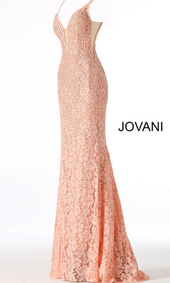 Peach, sleeveless, floor-length lace prom dress with illusion sides and fitted bodice—Jovani 48994—displayed on a mannequin. Brand: JOVANI.