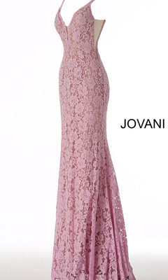 The Illusion-Sides Long Lace Prom Dress (Jovani 48994) is a floor-length, sleeveless, light pink gown with a fitted silhouette, deep v-neckline, and open-back. Displayed on a white background with "JOVANI" on the right.