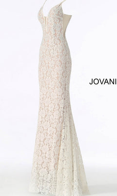 The Illusion-Sides Long Lace Prom Dress Jovani 48994 is a sleeveless, floor-length white lace gown with a deep V-neckline and fitted silhouette, displayed on a mannequin.