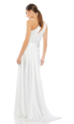 Woman wearing the Long Formal Dress 49006 by Mac Duggal, a white one-shoulder gown with a draped back and floor-length train, standing against a plain white background.