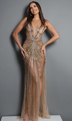 Woman in a sleeveless, floor-length Jovani 49047 long formal dress in nude with gold sequins, featuring a deep V-neckline and thigh-high slit, standing against a gray background.