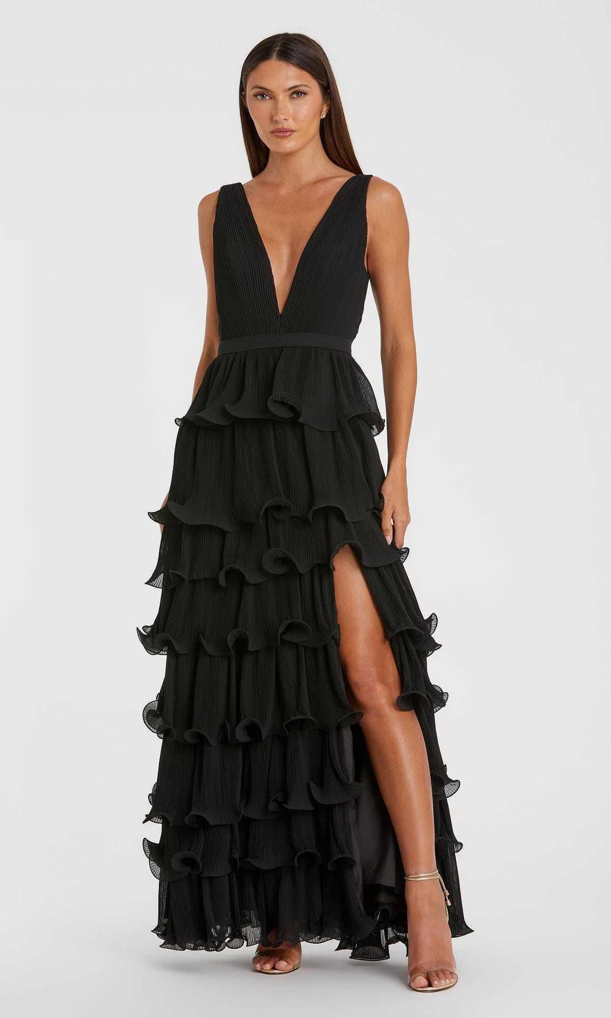 Plunging V-Neck Long A-Line Prom Dress with Ruffles– PromGirl