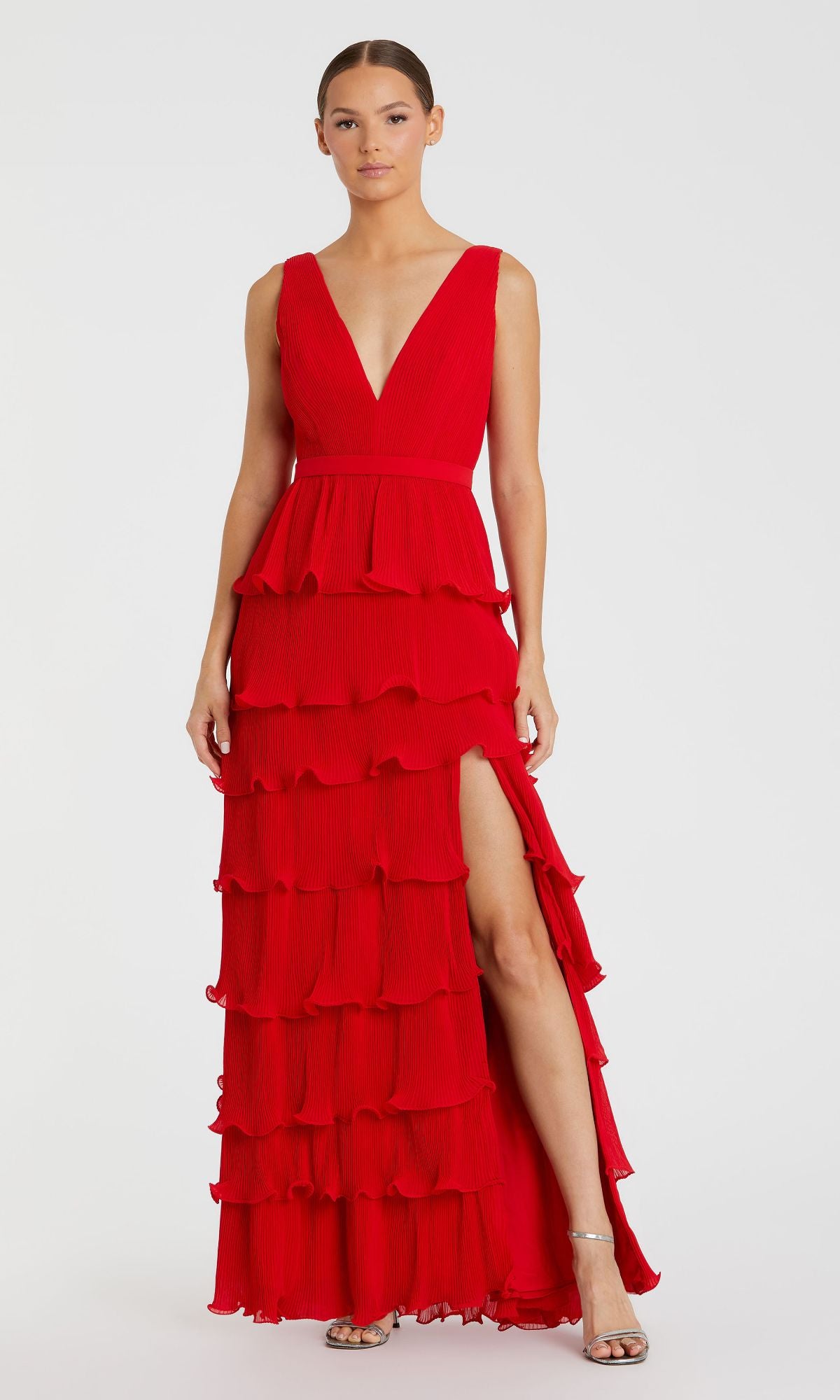 V-Neck Long Ruffle Prom Gown: Mac Duggal 49054