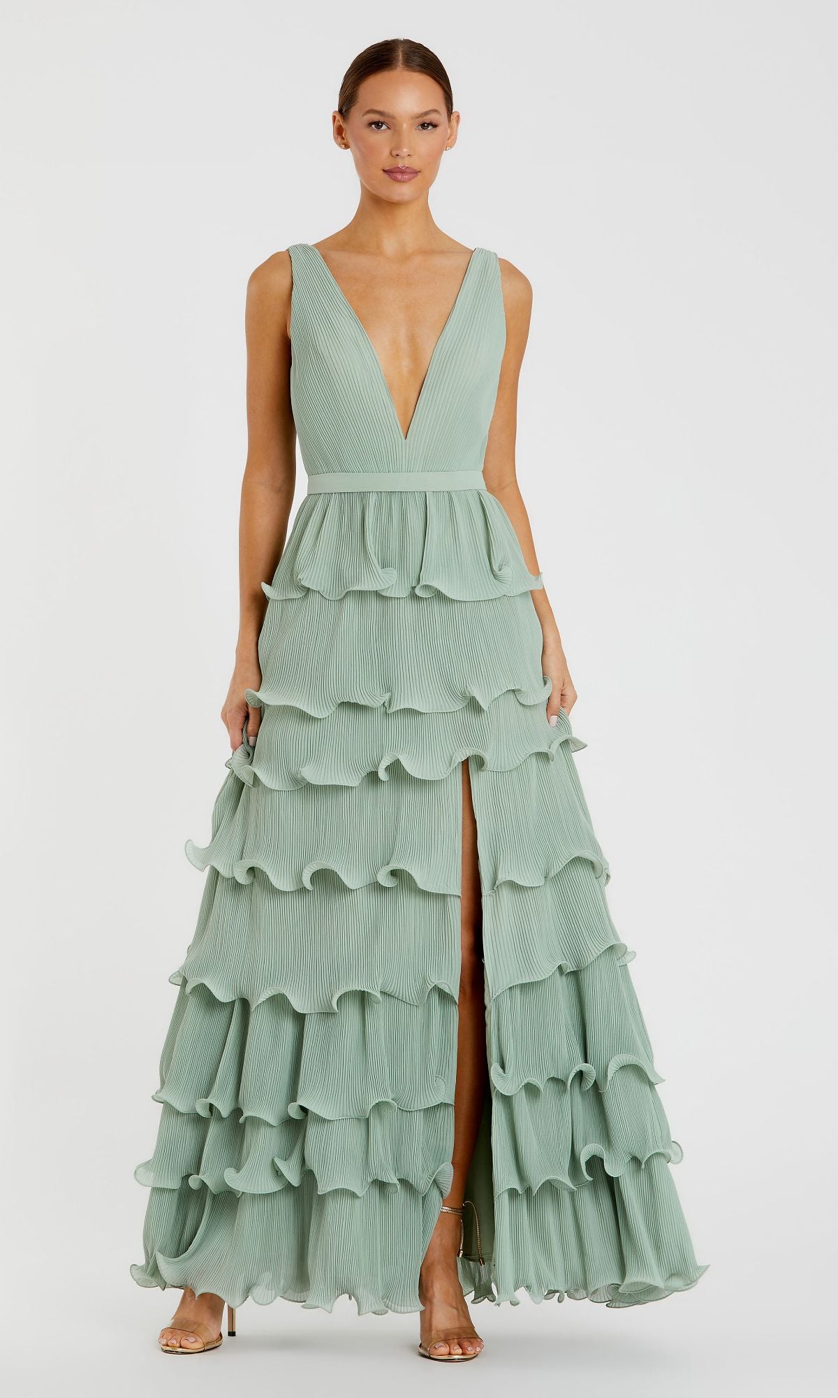 Mac Duggal Women's Sleeveless Ruffle Tiered V Neck Gown - Green - Size 8 - Sage Mac Duggal Women's Sleeveless Ruffle Tiered V Neck Gown - Green - Size 8 - Sage