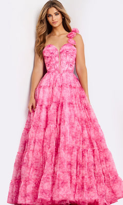 A woman models the Jovani 49074 long prom dress, featuring a bright pink hue, floral single-shoulder strap, and floor-length ruffle details, standing against a plain background.