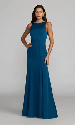 Woman wearing the Beaded-Neck Long Prom Dress by Mac Duggal (style 49093), a floor-length, sleeveless gown in stunning ocean blue with a fitted bodice and flared skirt, standing against a plain gray background.