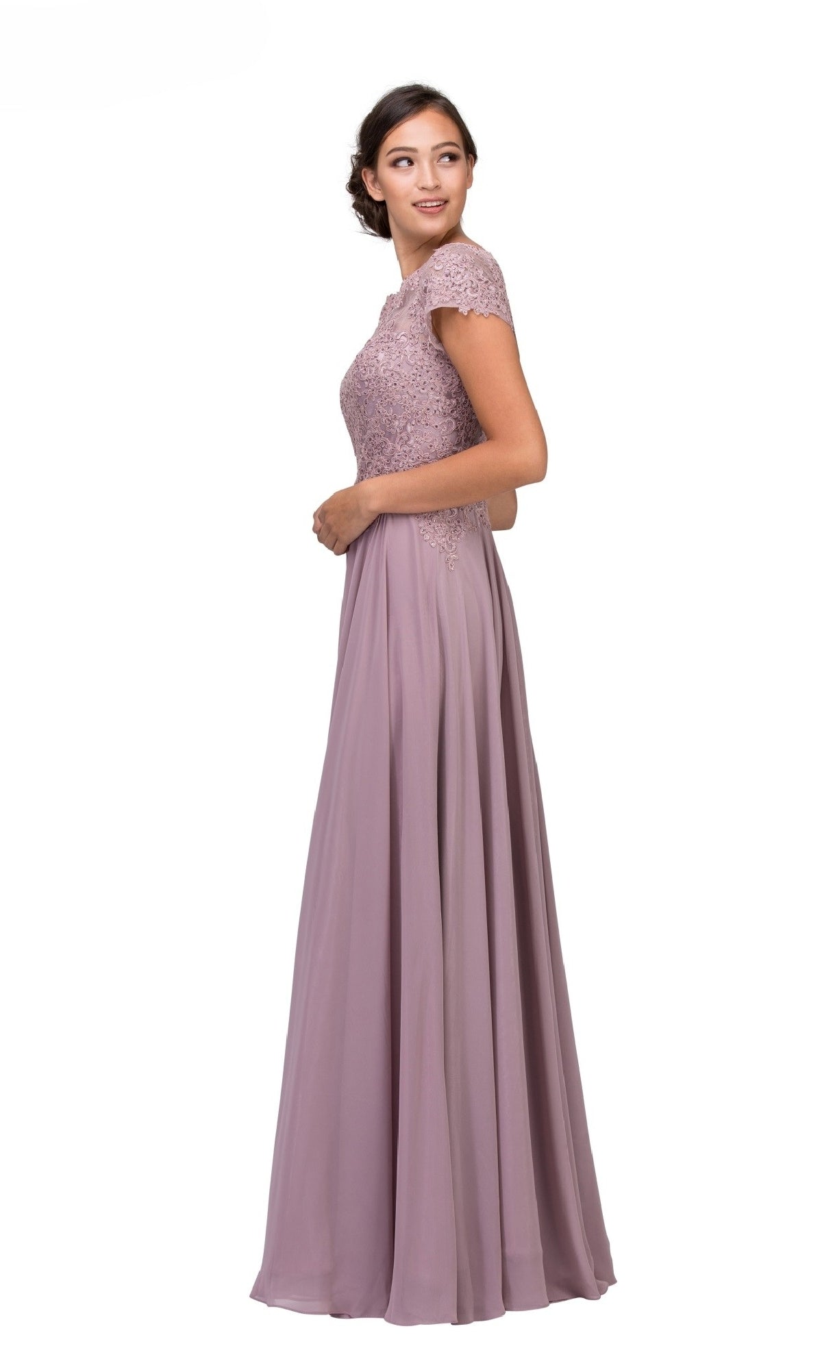 Woman in profile against a white background, wearing the Eureka 4909 Short-Sleeve Long A-Line Formal Dress featuring a mauve hue, embroidered lace bodice, and cap sleeves.