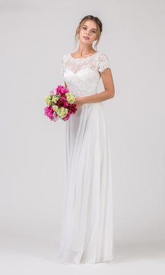 A woman wearing the Eureka 4909 Short-Sleeve Long A-Line Formal Dress, featuring an embroidered lace bodice, holds a bouquet of pink and green flowers against a plain white background.