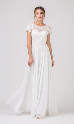 A woman wears the Eureka 4909 Short-Sleeve Long A-Line Formal Dress in white, featuring an embroidered lace bodice and flowing chiffon skirt, standing against a plain background.