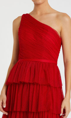 A woman wearing the Long Formal Dress 49102 by Mac Duggal—a red, one-shoulder gown with layered ruffles and a fitted bodice—ideal for elegant occasions.