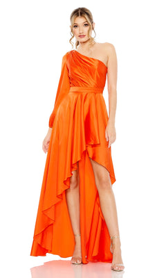A woman stands against a white background wearing the Mac Duggal 49141 One-Sleeve High-Low Prom Dress in bright orange, featuring an asymmetrical design and elegant formal style.