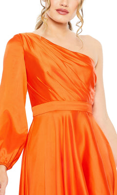 Woman in a shiny orange Mac Duggal 49141 One-Sleeve High-Low Prom Dress, featuring a single long sleeve and fitted waist, shown from mid-face to waist.